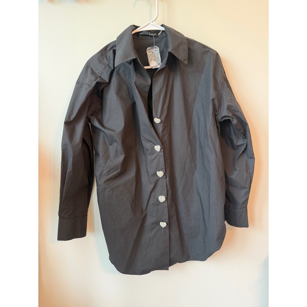 English Factory Black Poplin Shirt Rhinestone Heart Buttons Long Sleeve Small